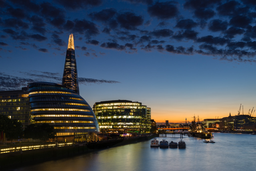 The Shard, Europe's tallest building, pierces the night sky in London.