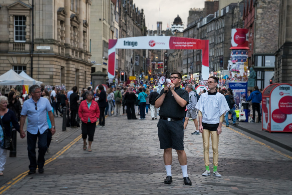 My friends, in character, promoting their Fringe Festival sketch comedy act on the Royal Mile in Edinburgh.