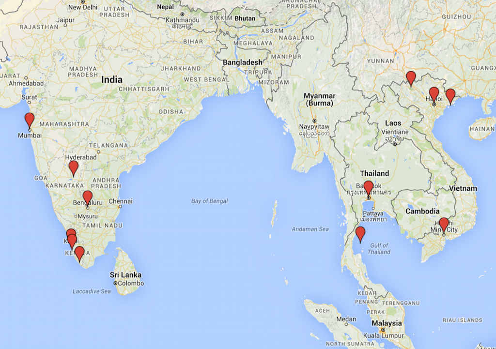 This is a map displaying parts of South and Southeast Asia with red pin markers indicating select locations in India, Sri Lanka, Thailand, and possibly Myanmar.