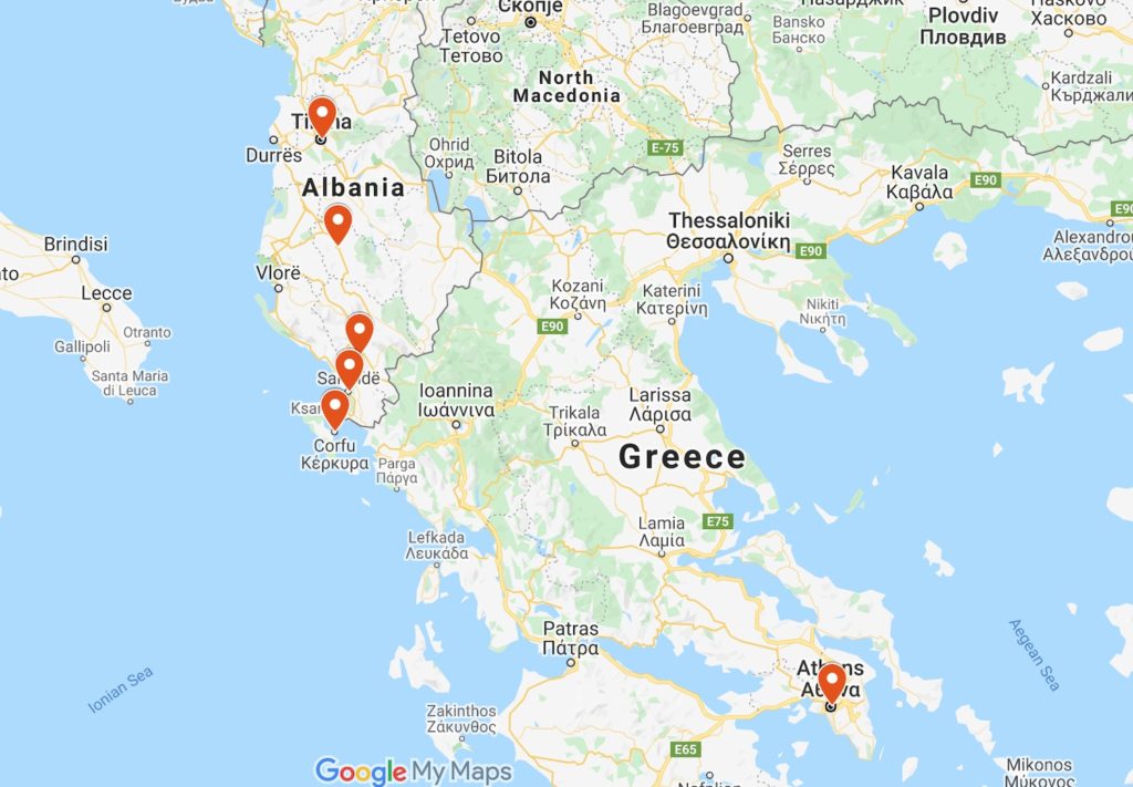 This image shows a Google map with markers along the western coast of Greece and into Albania, indicating locations or points of interest.