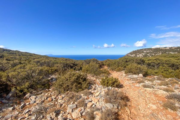 A rocky path leads through a scrubby landscape towards the blue sea under a sky dotted with clouds. The setting appears tranquil and natural.