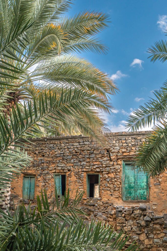 A traditional stone house with weathered teal shutters peeks through lush palm fronds against a blue sky, exuding rustic charm and tranquility.