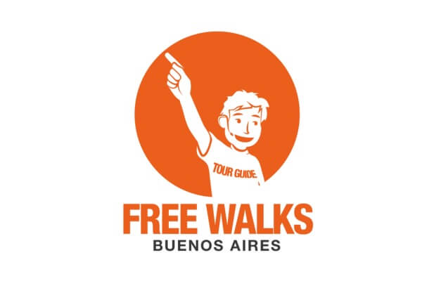 An illustration of a person pointing upwards with "Tour Guide" on their shirt, featuring the text "FREE WALKS BUENOS AIRES" below in orange letters.