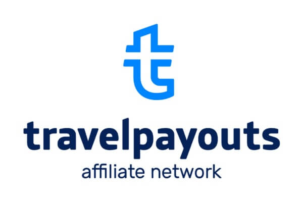 The image shows the Travelpayouts Affiliate Network logo in blue and white, featuring a stylized "t" above the text. There are no landmarks.