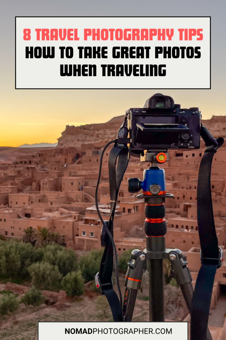 Camera on tripod overlooks Ait Benhaddou, a historic fortified village in Morocco, with tips for travel photography displayed above.