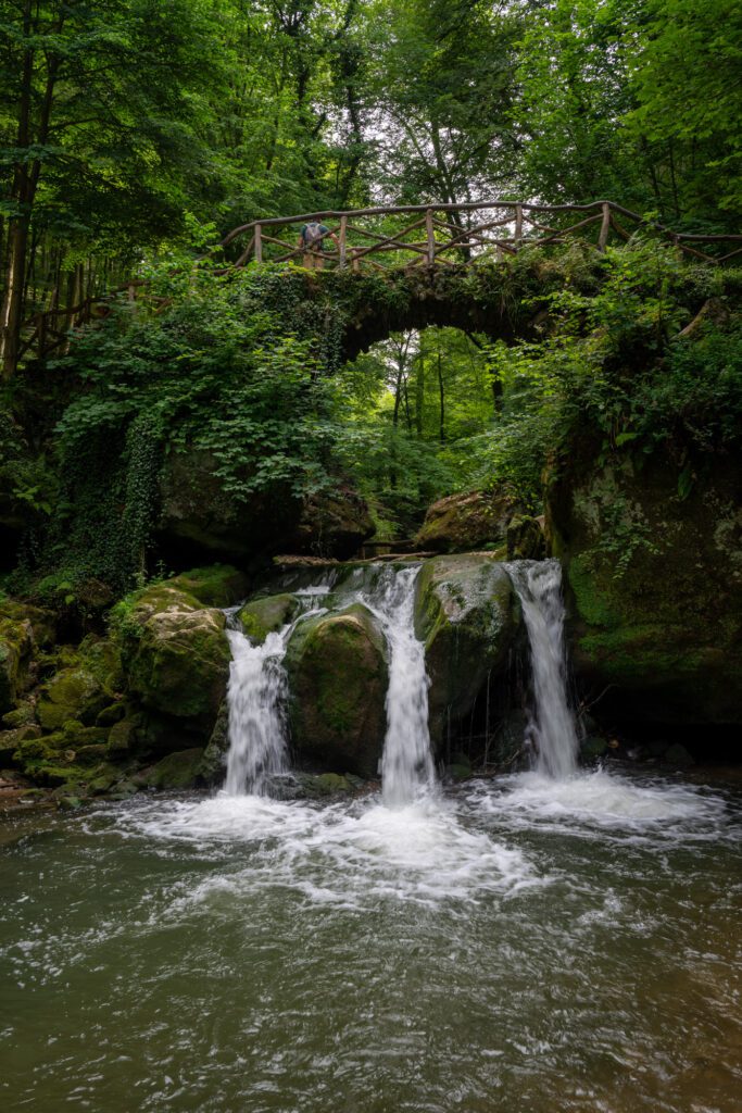 A lush forest scene with cascading waterfalls and a stone bridge overhead, where a person stands, surrounded by dense green foliage.